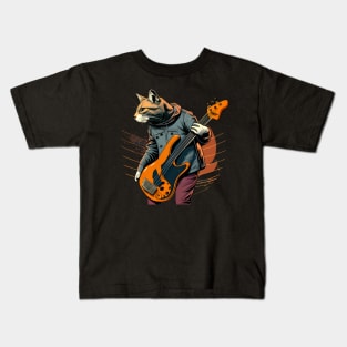 Rockat Rock Cat Guy Playing Guitar - Funny Cats Kids T-Shirt